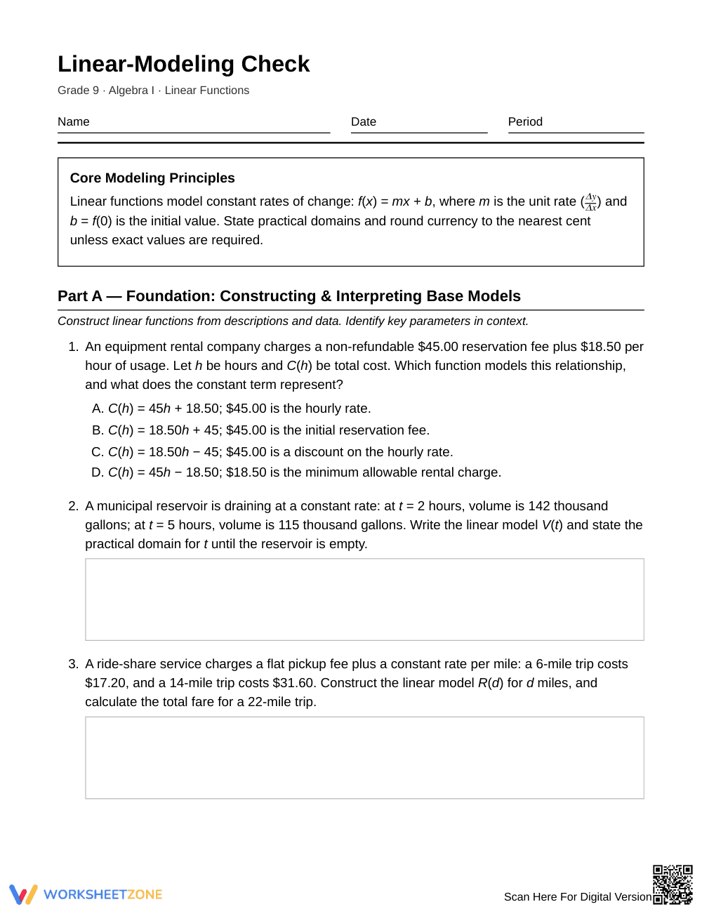 Printable Linear Modeling Worksheet | Grade 9 Algebra I - Page 1