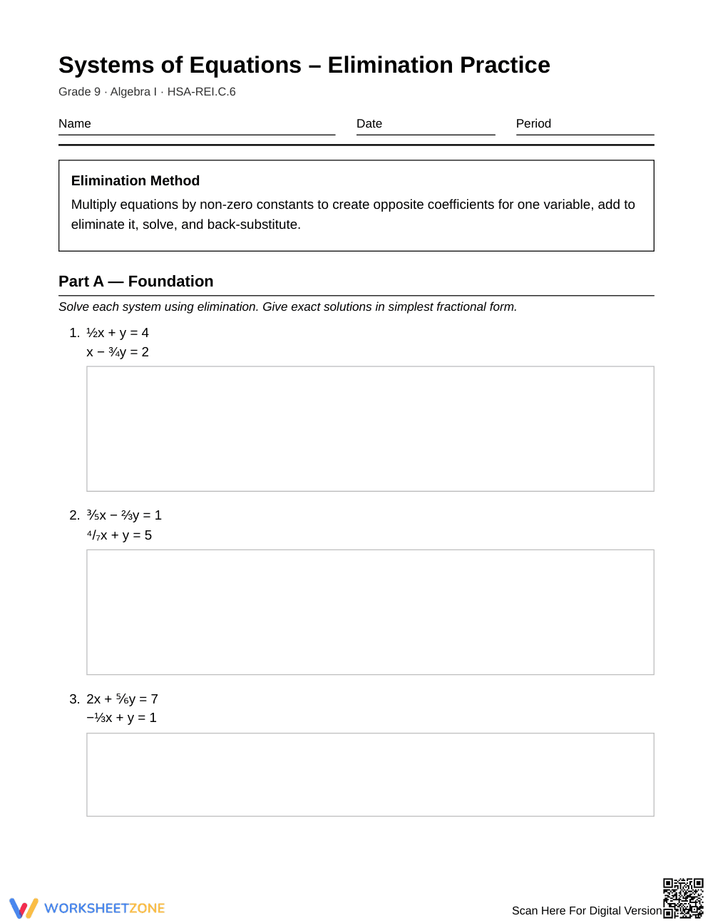 Essential Elimination Worksheet | Grade 9 Algebra I - Page 1