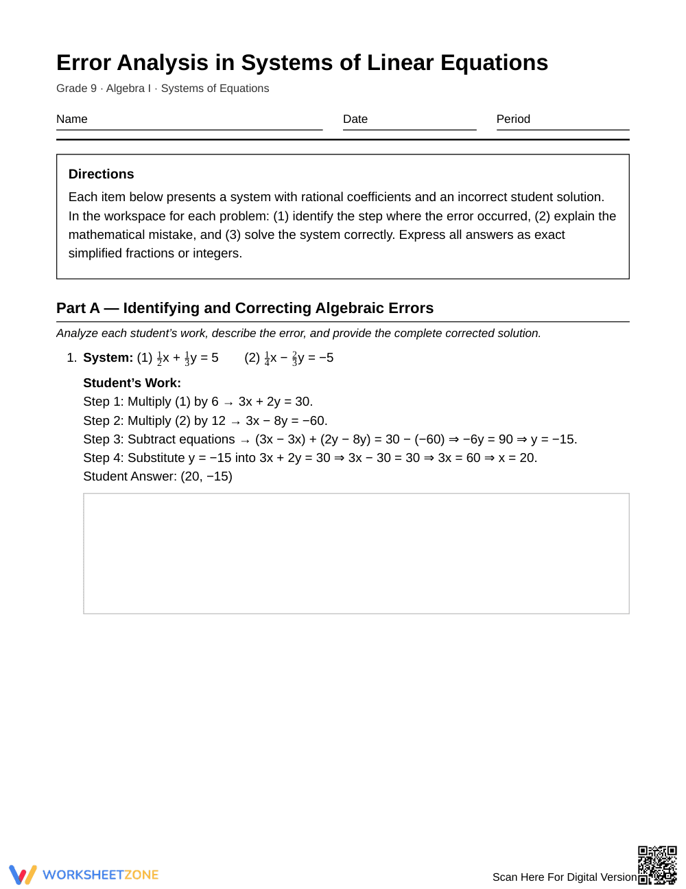 Aligned Systems Error Analysis Worksheet | Grade 9 Algebra I - Page 1