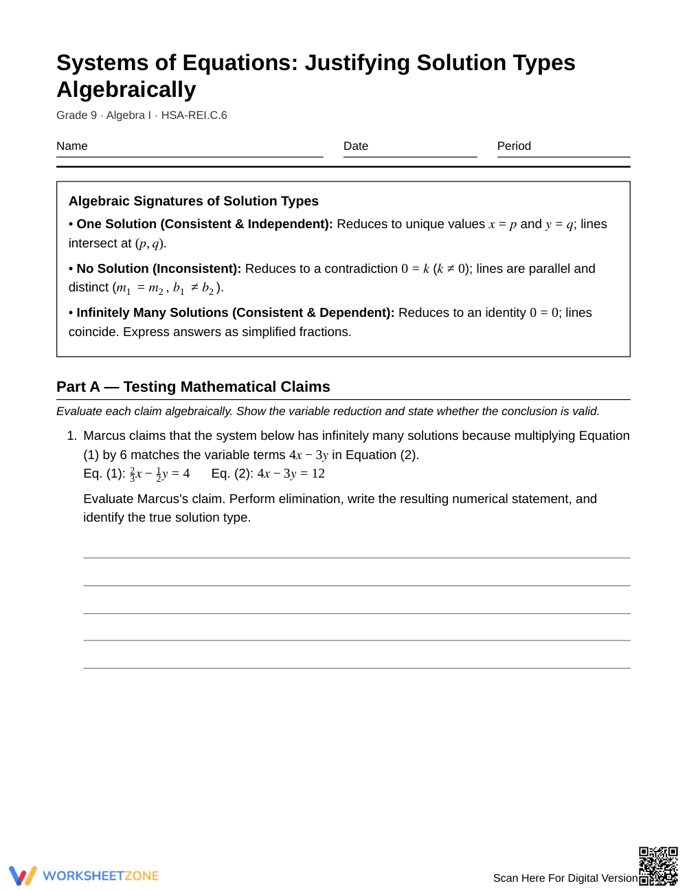 Essential Solution Types Worksheet | Grade 9 Algebra I - Page 1