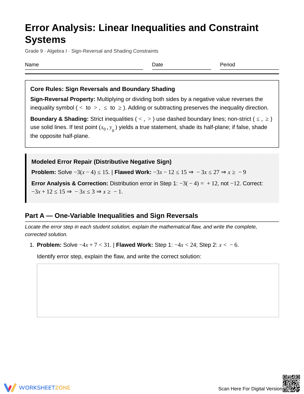 Complete Inequality Errors Worksheet | Grade 9 Algebra I - Page 1