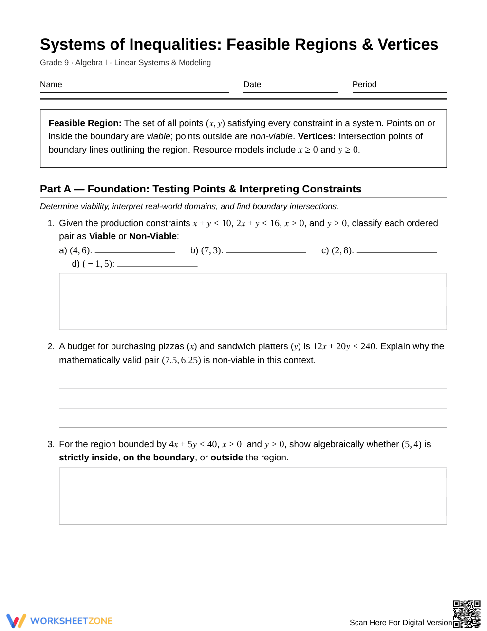 Complete Feasible Points Worksheet | Grade 9 Algebra I - Page 1