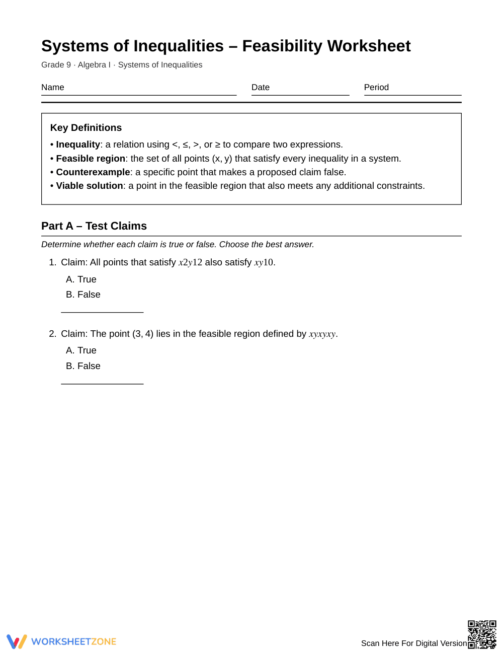 Complete Plan Feasibility Worksheet | Grade 9 Algebra I - Page 1