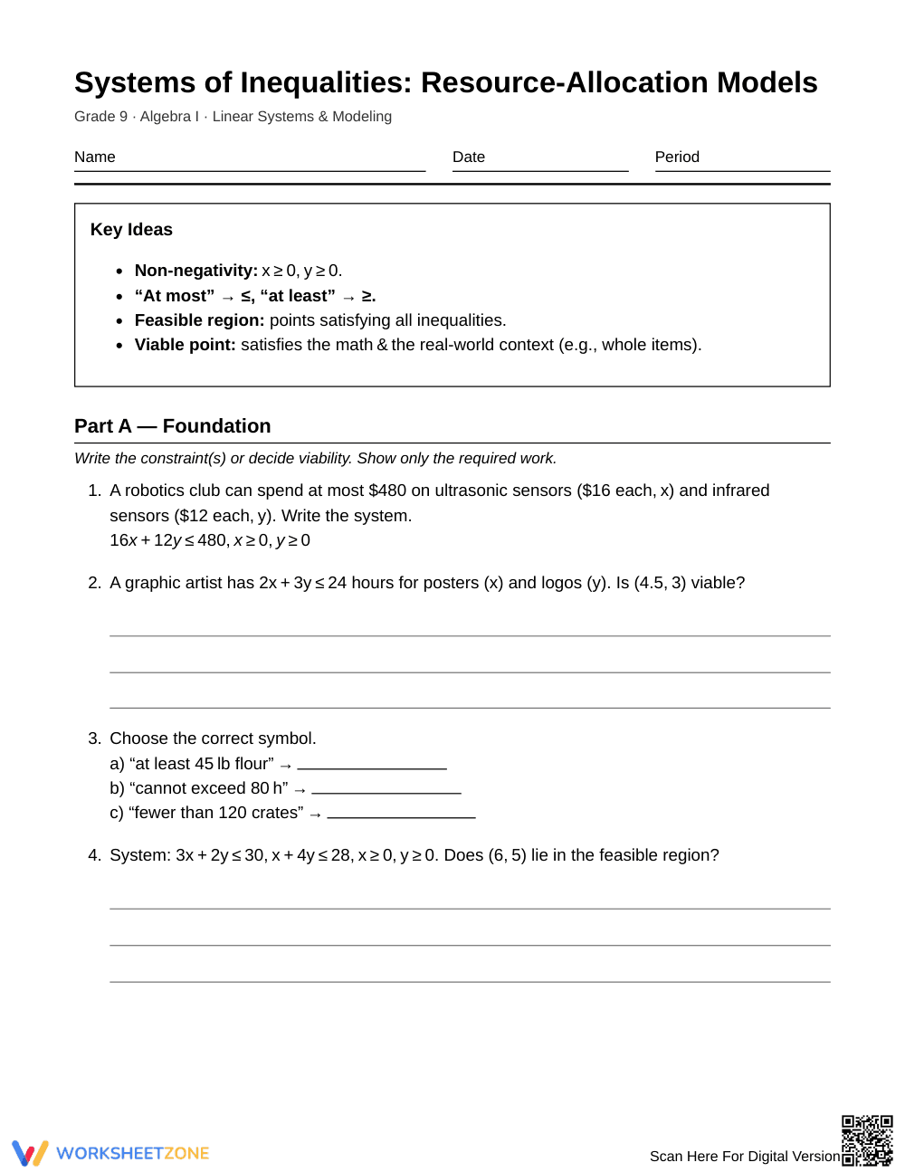Complete Constraint Systems Worksheet | Grade 9 Algebra I - Page 1