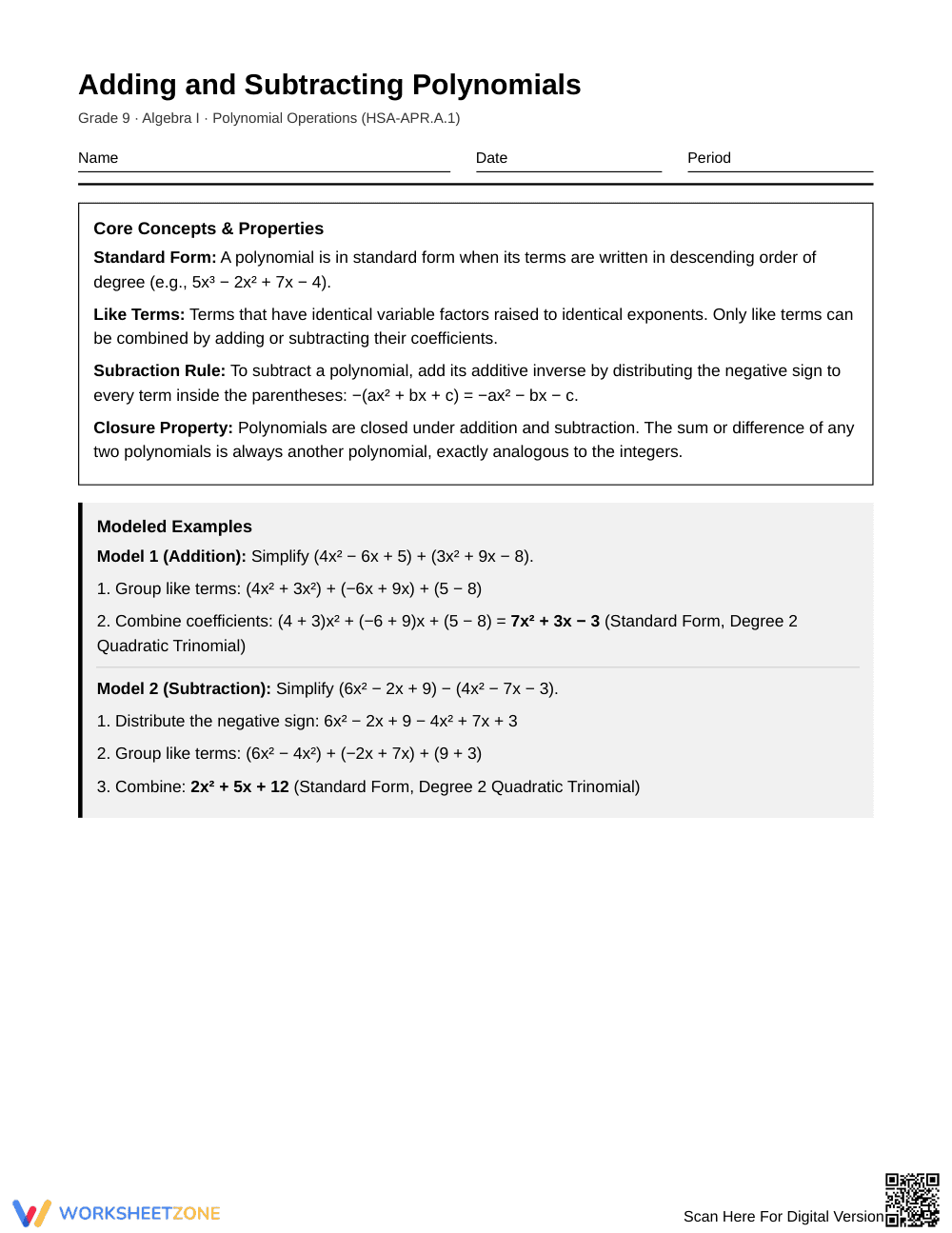 Free Add/Subtract Polynomials Worksheet | Grade 9 Algebra I - Page 1