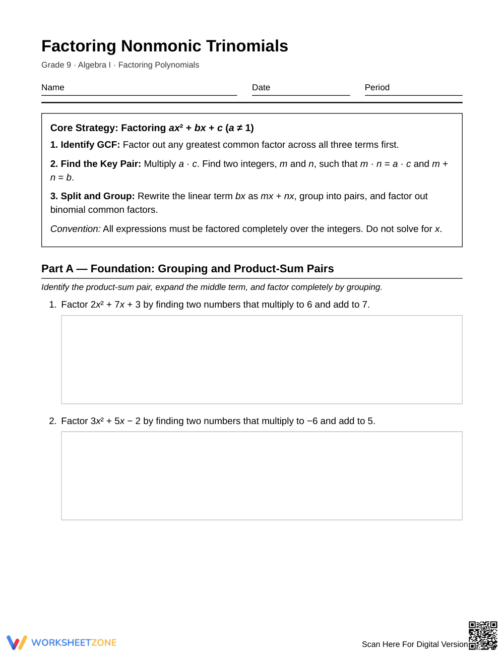 Ready Nonmonic Trinomials Worksheet | Grade 9 Algebra I - Page 1