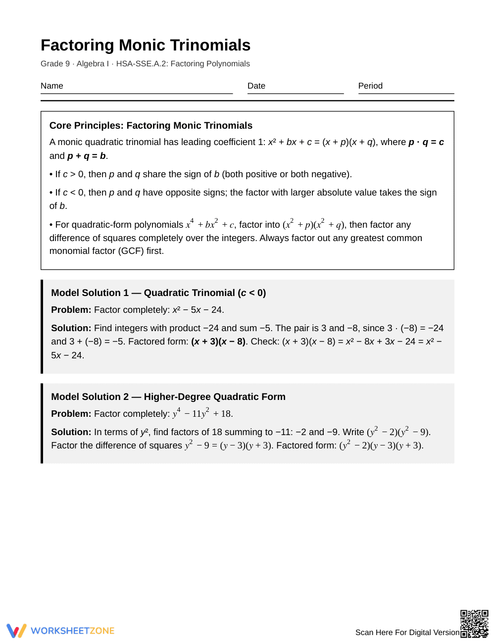 Ready Factor a Monic Trinomial Worksheet | Grade 9 Algebra I - Page 1