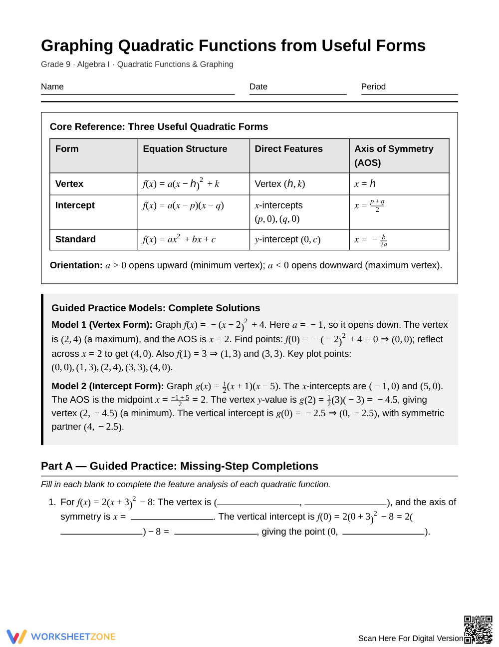 Ready Graph Quadratic Forms Worksheet | Grade 9 Algebra I - Page 1