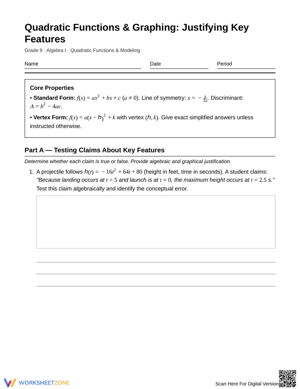 Complete Graph Key Features Worksheet | Grade 9 Algebra I - Page 1