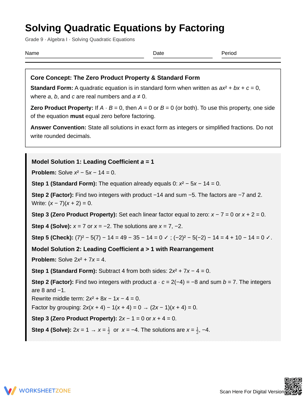 Essential Factorable Quadratic Worksheet | Grade 9 Algebra I - Page 1