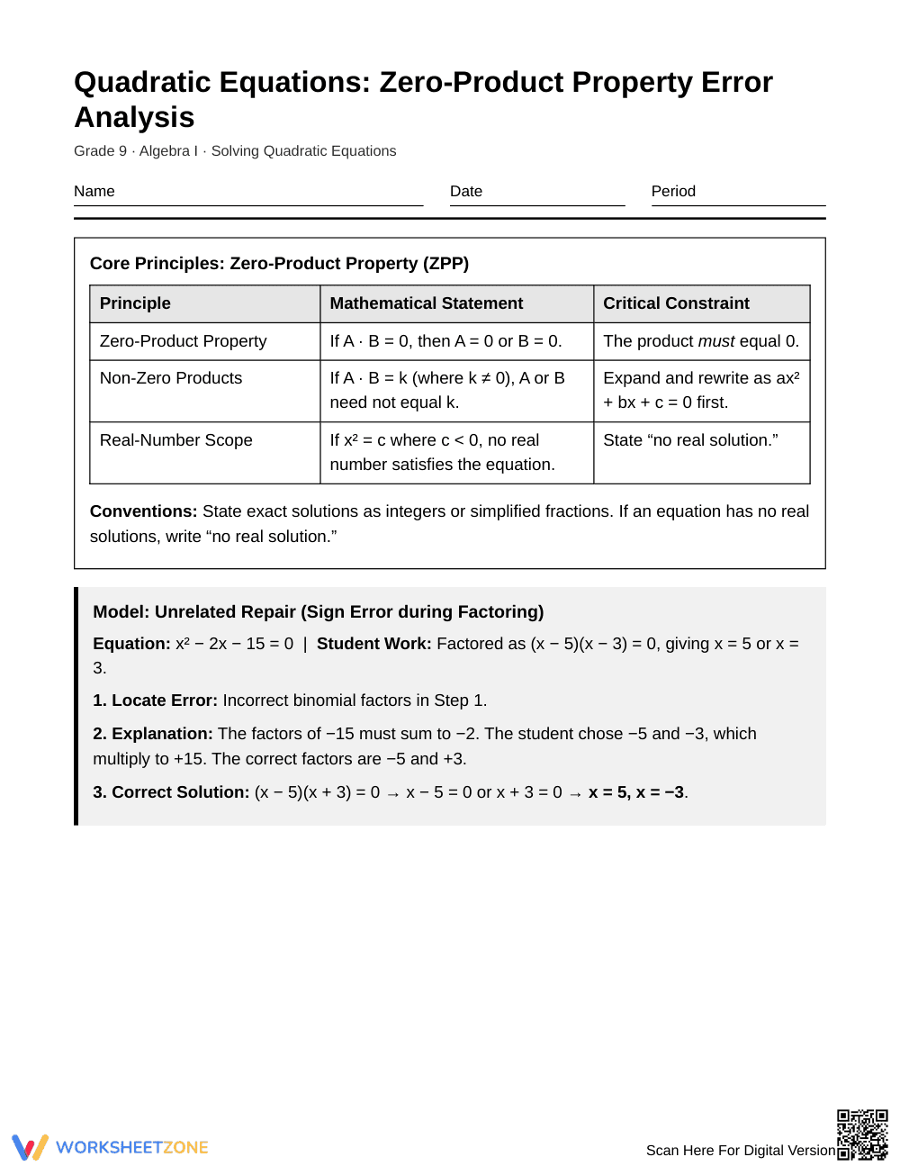 Proven Zero-Product Property Worksheet | Grade 9 Algebra I - Page 1