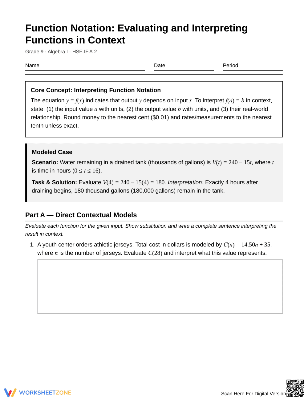Essential Interpret Function Worksheet | Grade 9 Algebra I - Page 1