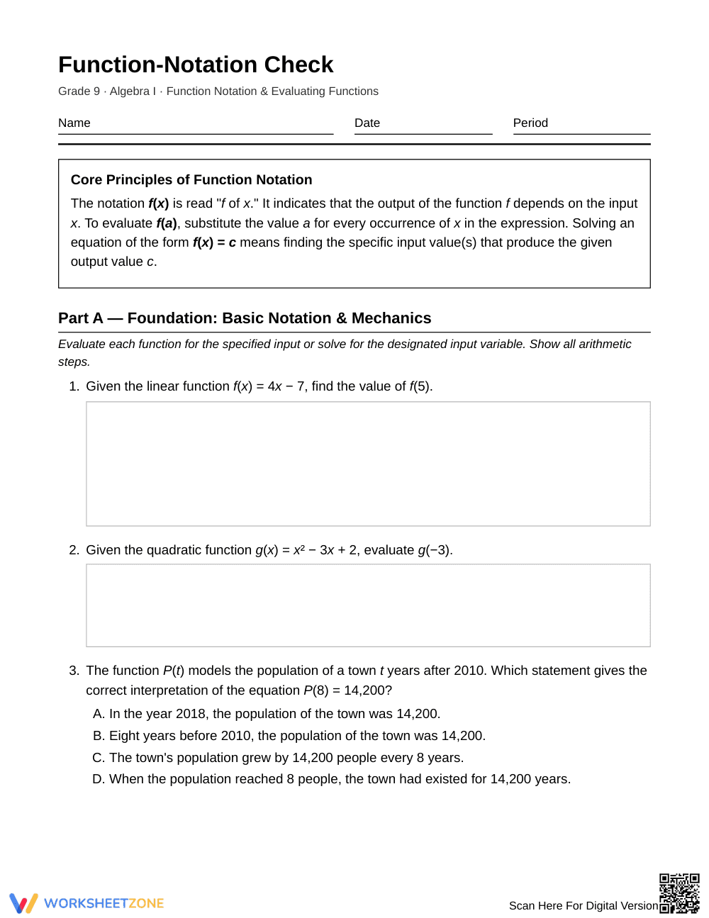 Essential Function Notation Worksheet | Grade 9 Algebra I - Page 1