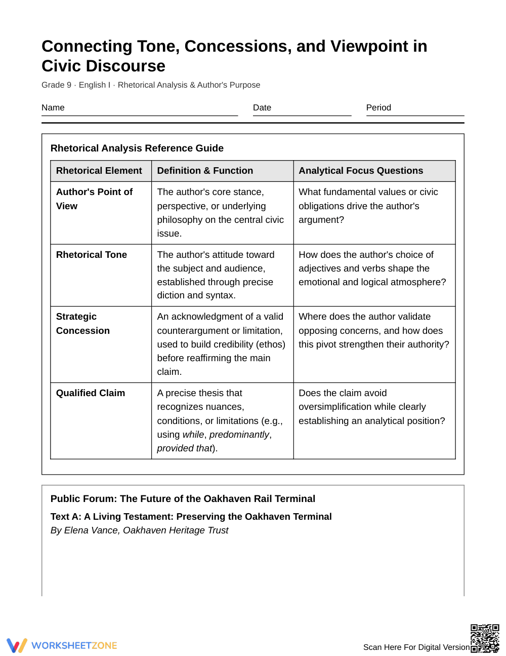 Free Tone Concessions Viewpoint Worksheet | Grade 9 - Page 1
