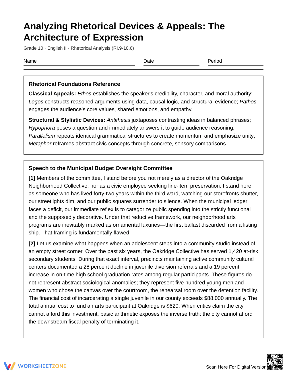 Essential Rhetorical Appeals Worksheet | Grade 10 English II - Page 1