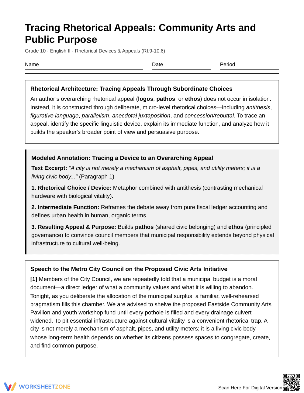 Aligned Rhetorical Appeals Worksheet | Grade 10 English II - Page 1