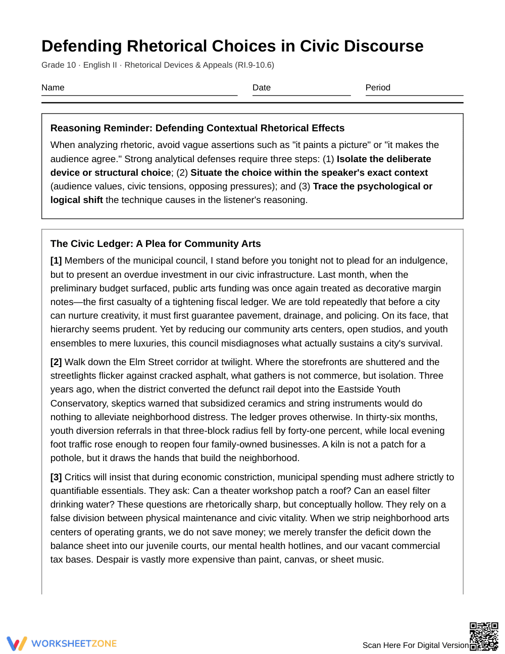 Essential Rhetorical Defense Worksheet | Grade 10 English II - Page 1