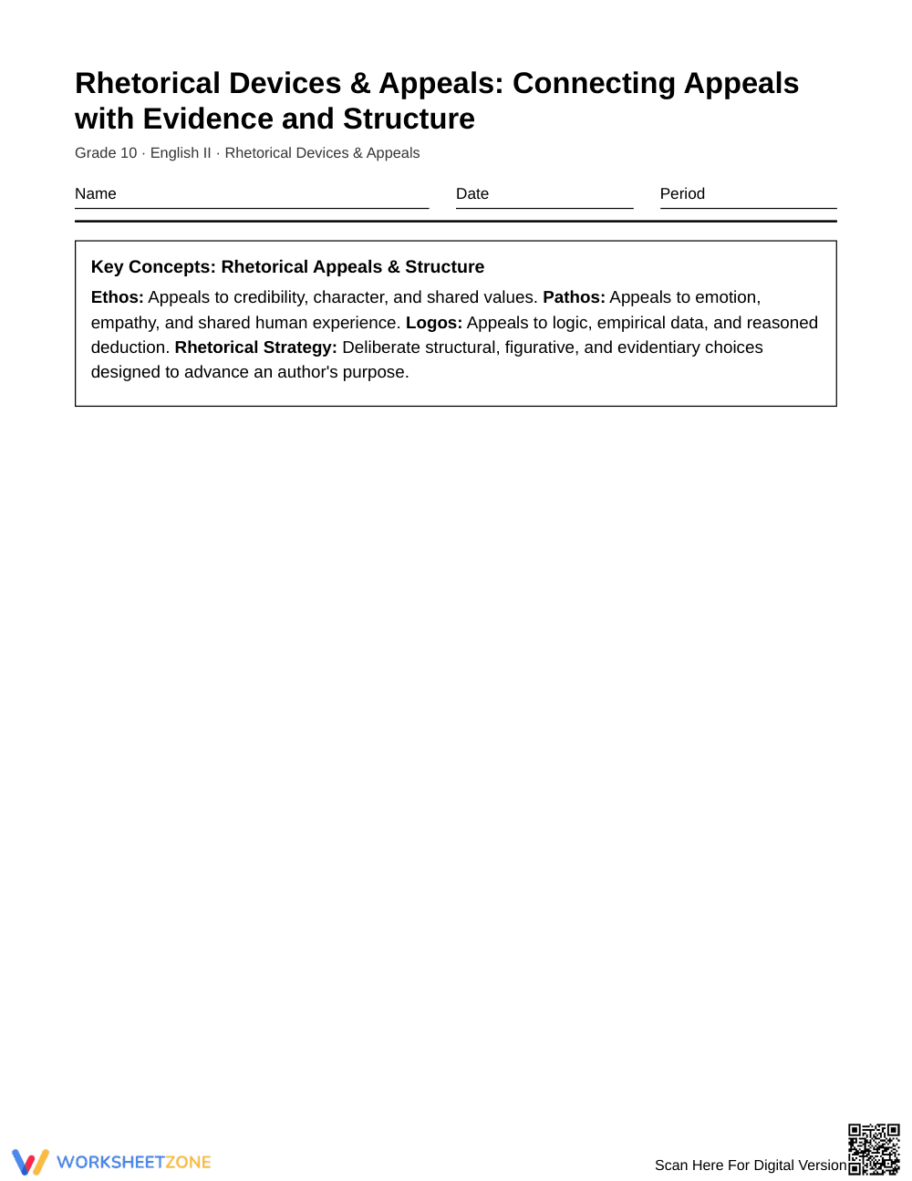 Complete Rhetorical Appeals Worksheet | Grade 10 English II - Page 1