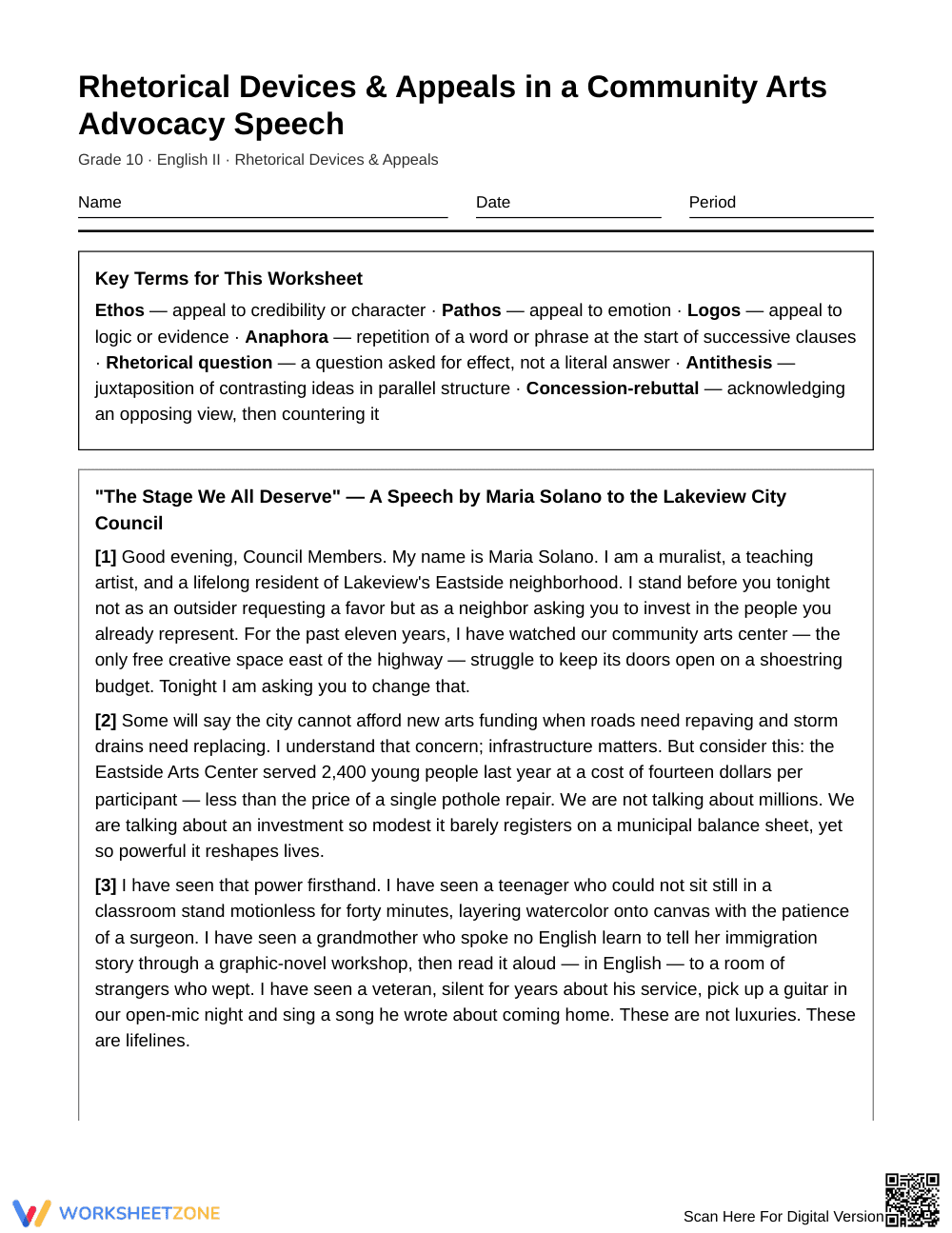Printable Rhetorical Devices Worksheet | Grade 10 - Page 1