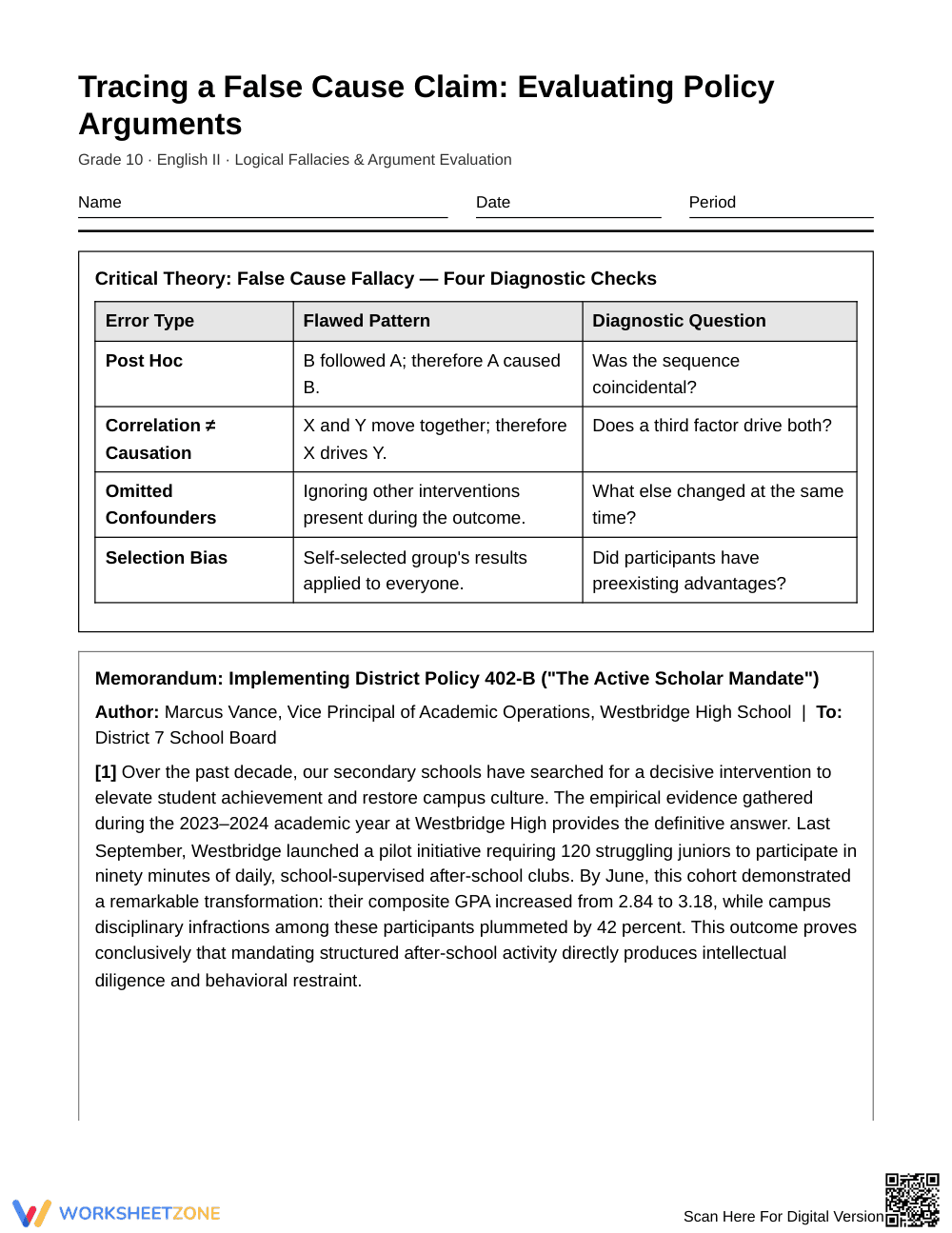 Complete False Cause Claims Worksheet | Grade 10 English II - Page 1