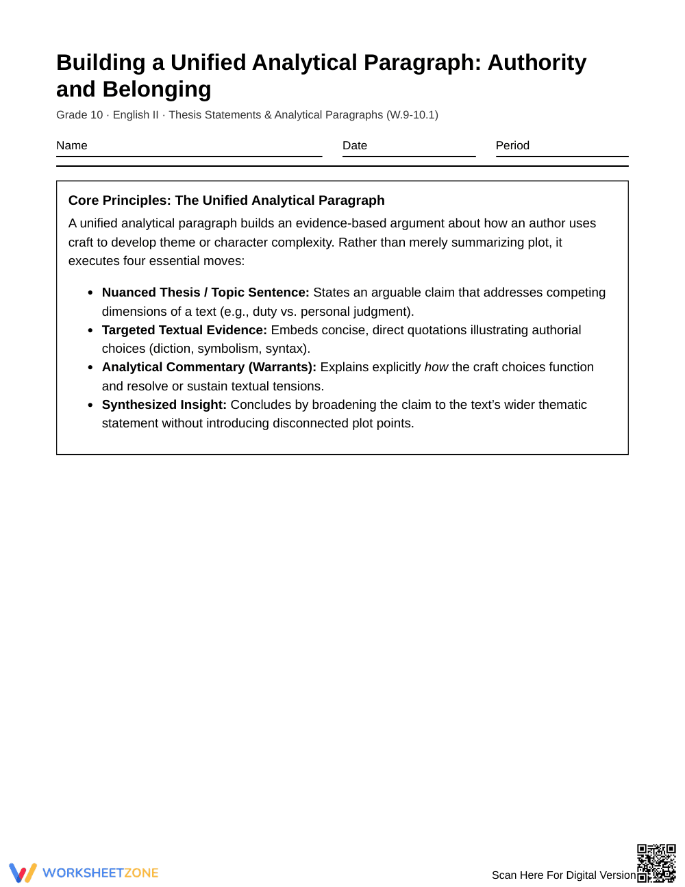 Proven Analytical Paragraph Worksheet | Grade 10 English II - Page 1