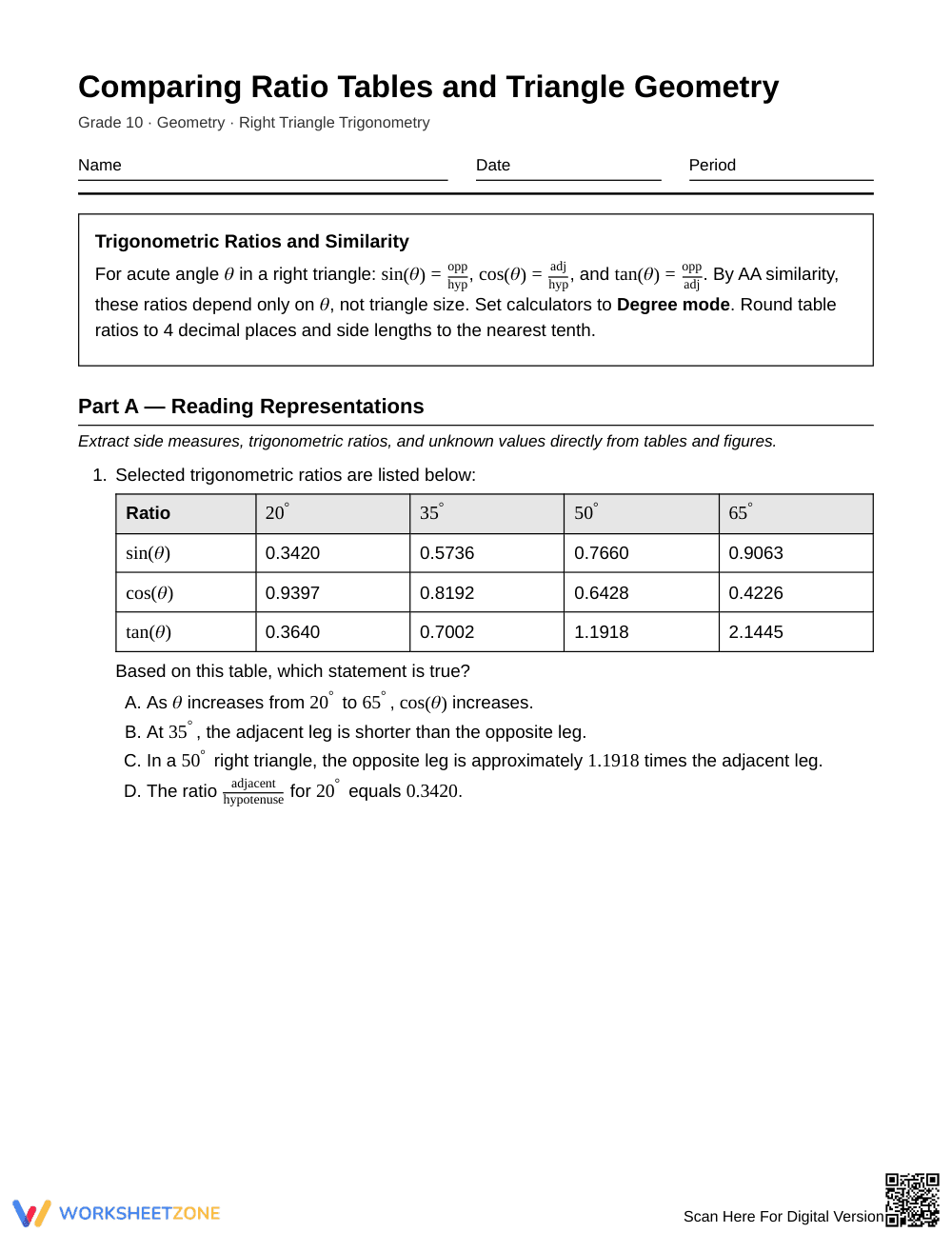Essential Trig Ratio Tables Worksheet | Grade 10 Geometry - Page 1
