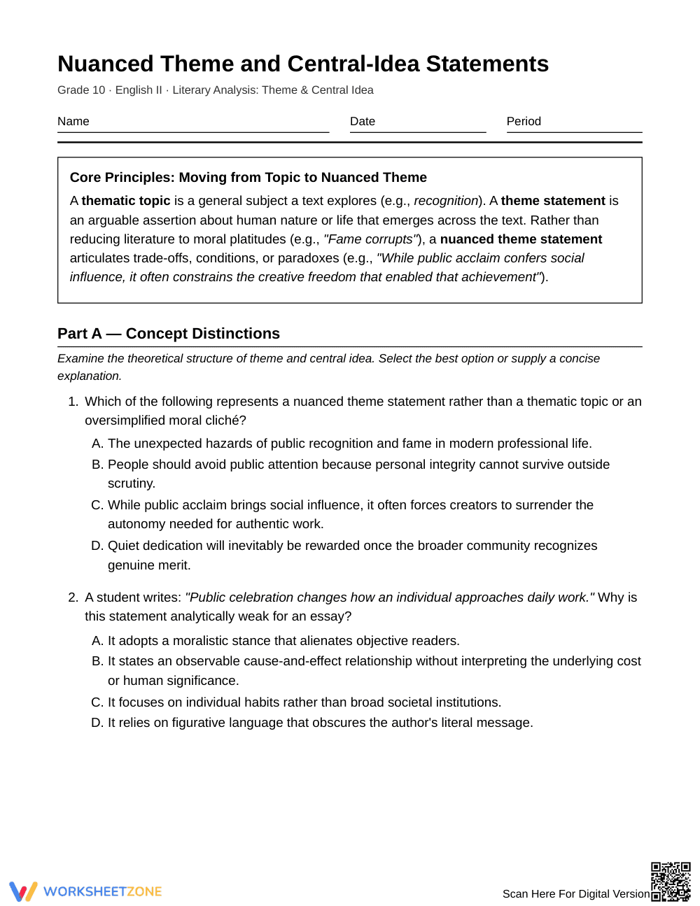 Essential Nuanced Theme Worksheet | Grade 10 English II - Page 1