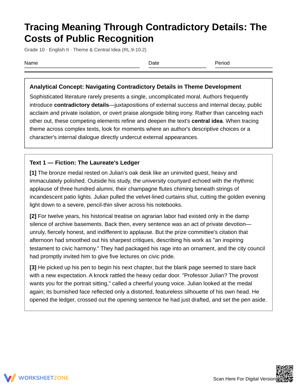 Complete Theme Analysis Worksheet | Grade 10 English II - Page 1