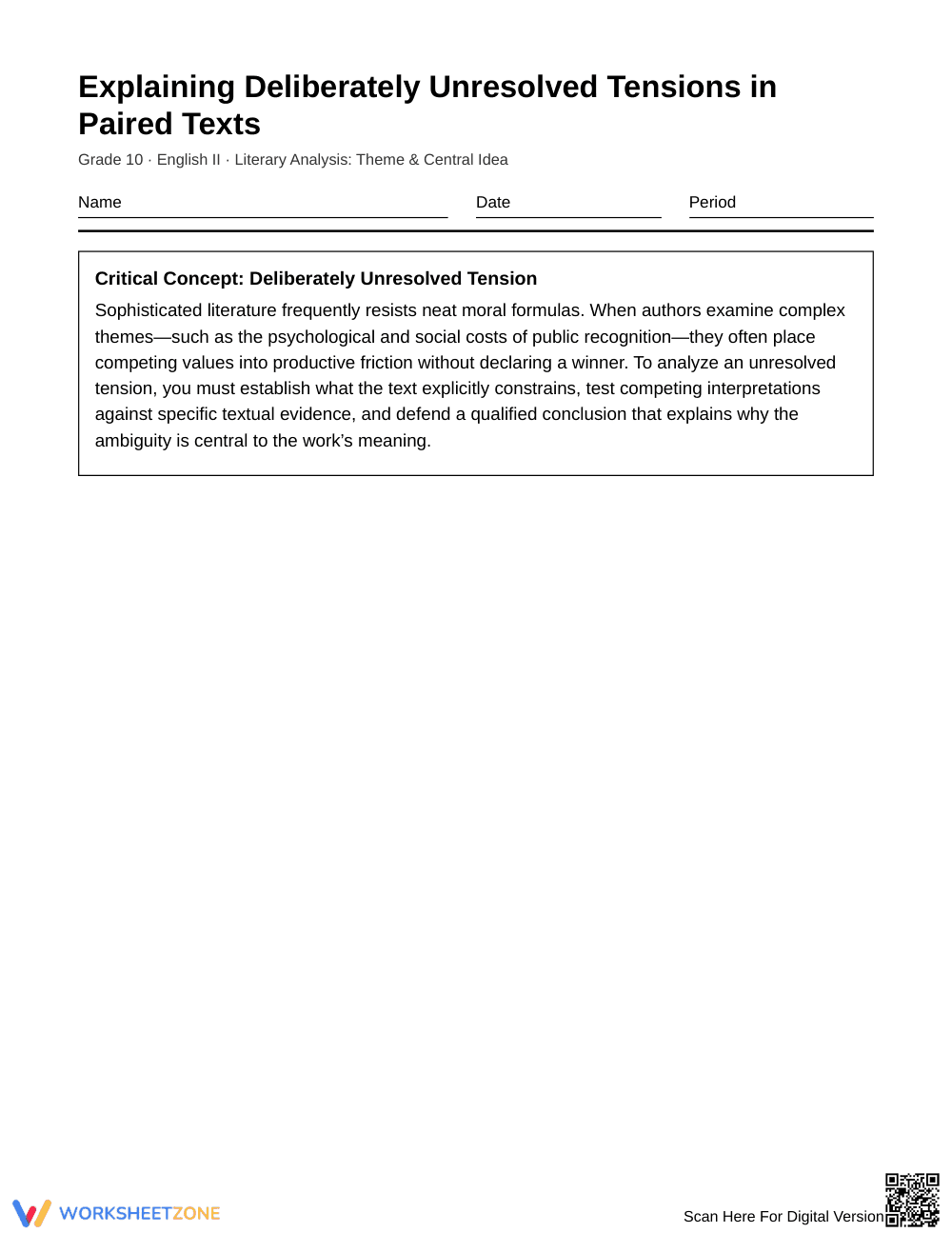 Proven Unresolved Tension Worksheet | Grade 10 English II - Page 1