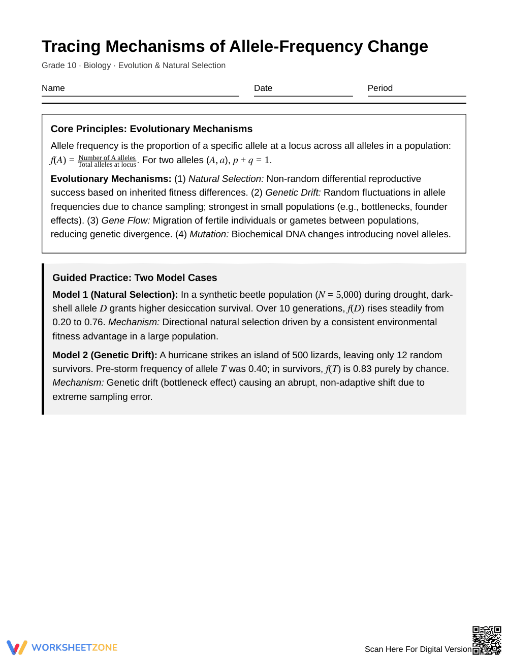 Proven Allele Frequency Change Worksheet | Grade 10 Biology - Page 1