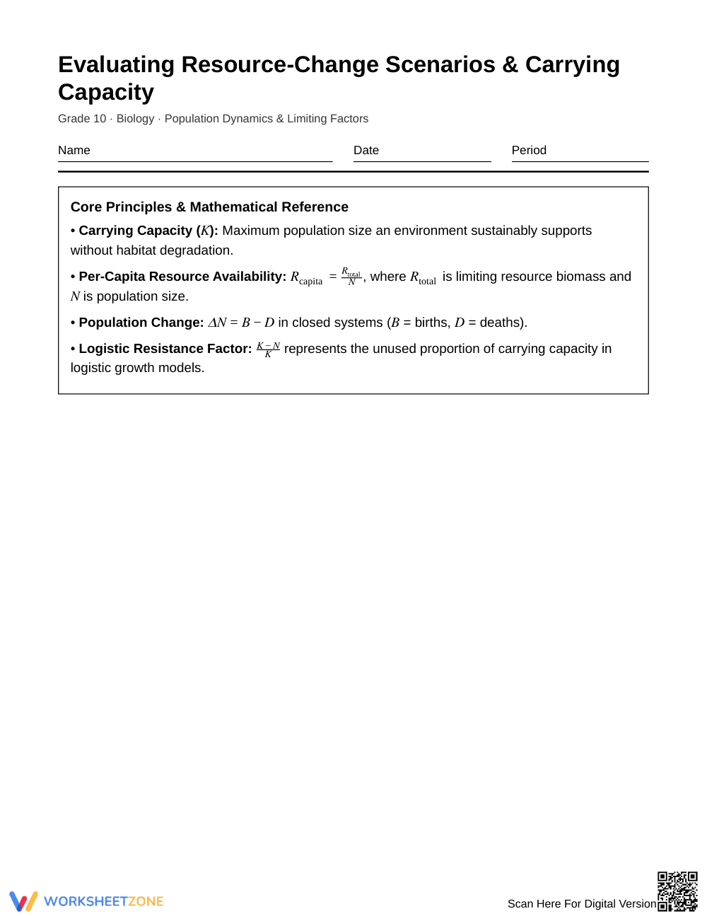 Complete Carrying Capacity Worksheet | Grade 10 Biology - Page 1