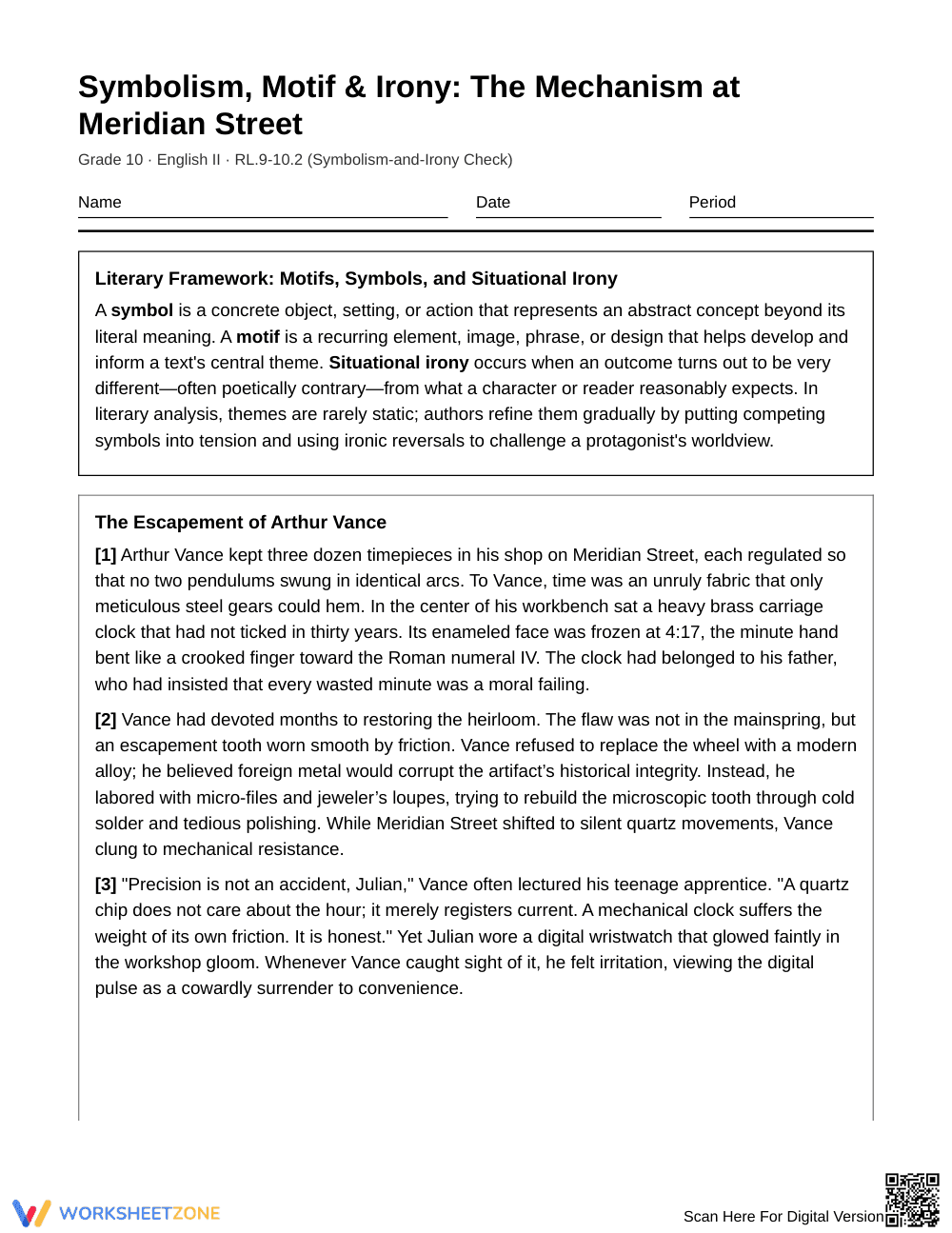 Complete Symbolism & Irony Worksheet | Grade 10 English II - Page 1