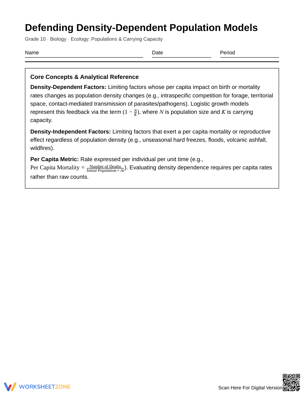 Essential Density Dependence Worksheet | Grade 10 Biology - Page 1