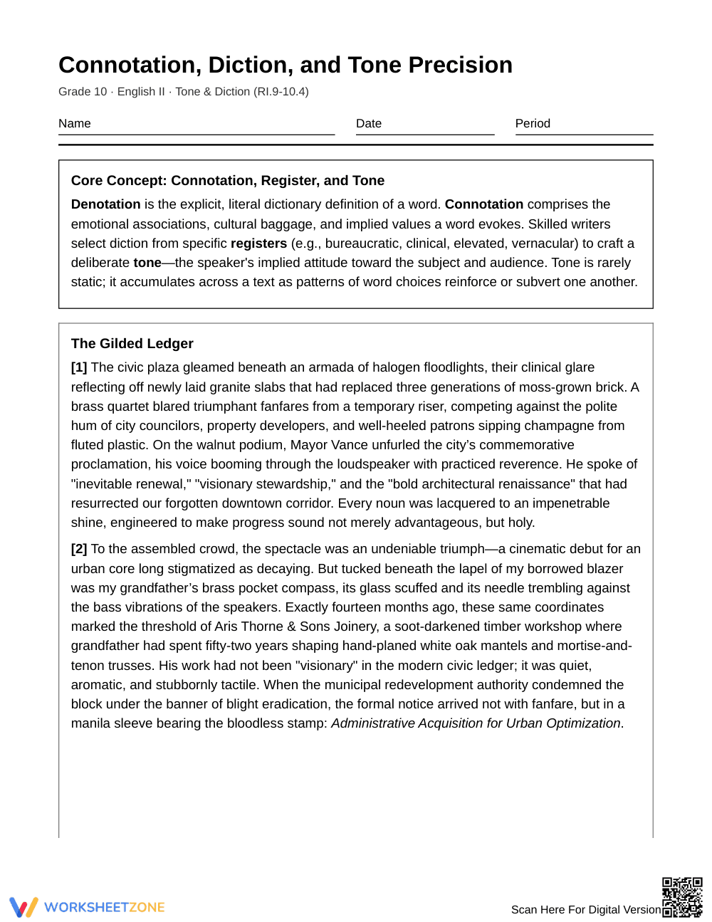 Complete Connotation & Tone Worksheet | Grade 10 English II - Page 1