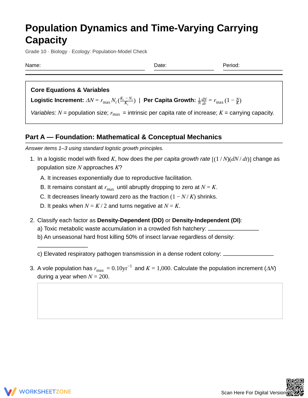 Complete Population Dynamics Worksheet | Grade 10 Biology - Page 1