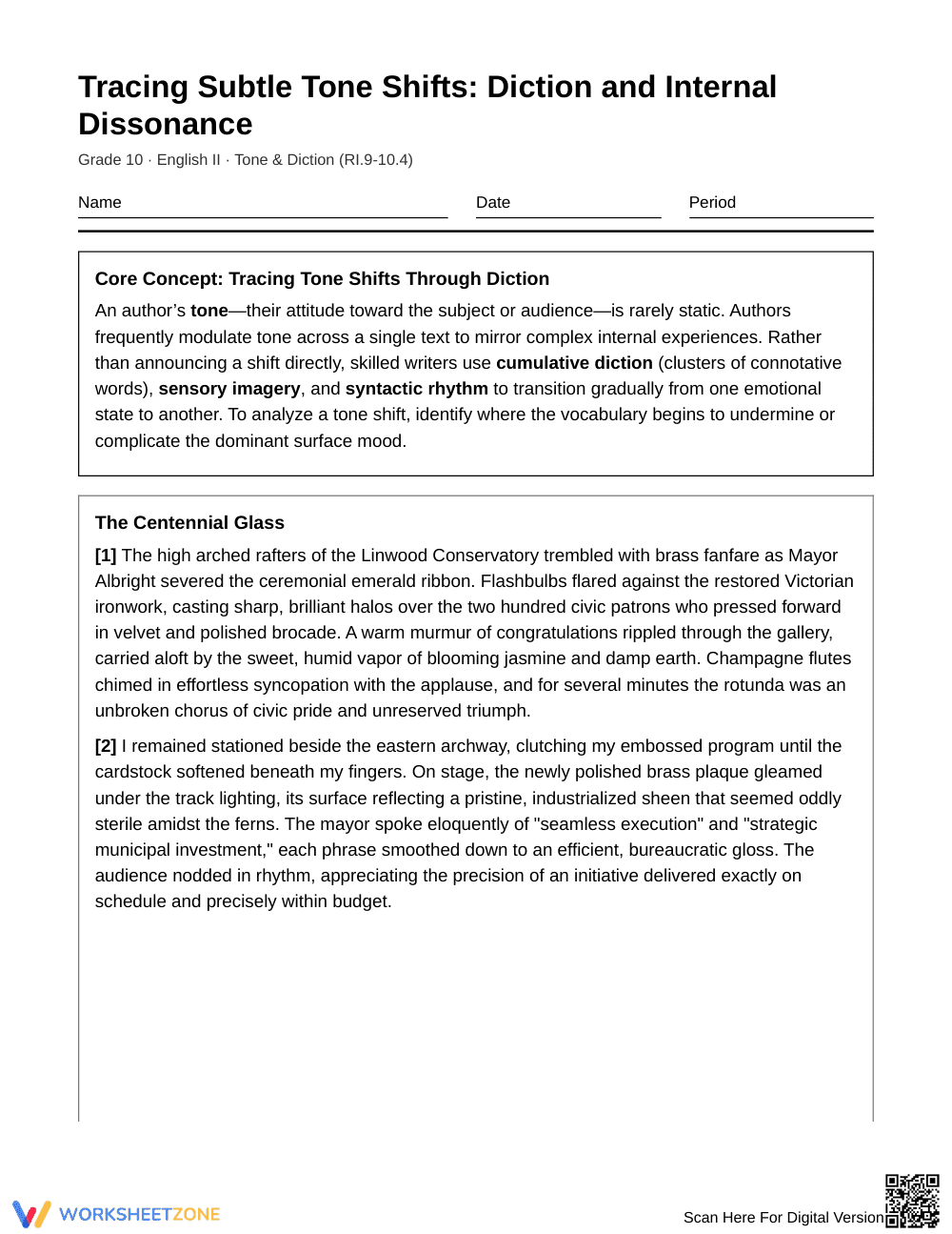 Essential Tone Shift Worksheet | Grade 10 English II - Page 1