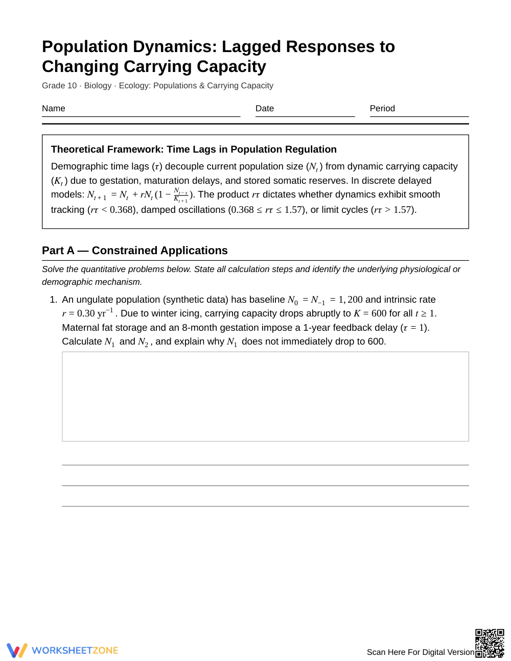 Essential Population Time Lags Worksheet | Grade 10 Biology - Page 1