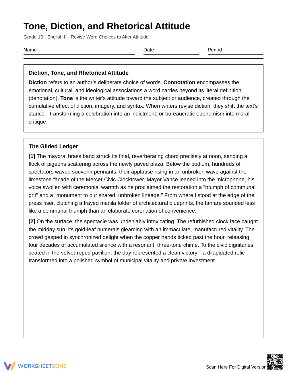 Proven Word Choice Revision Worksheet | Grade 10 English II - Page 1