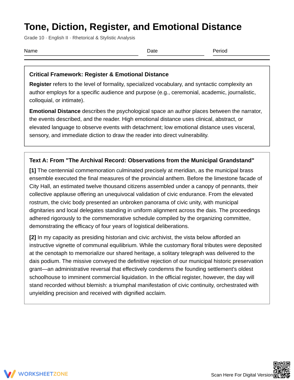 Proven Register & Distance Worksheet | Grade 10 English II - Page 1