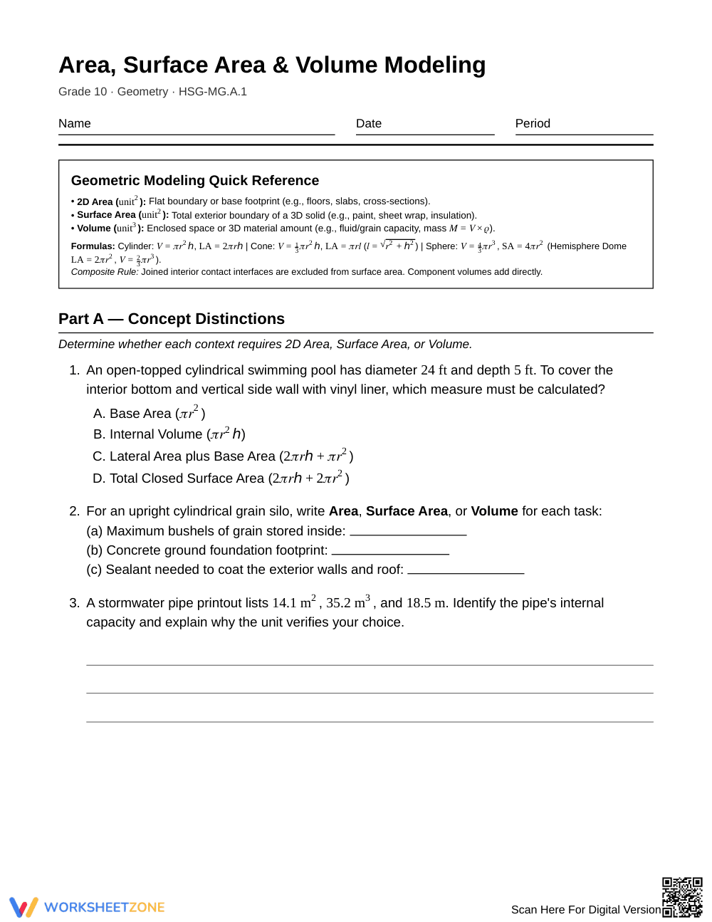 Ready Area & Volume Modeling Worksheet | Grade 10 Geometry - Page 1