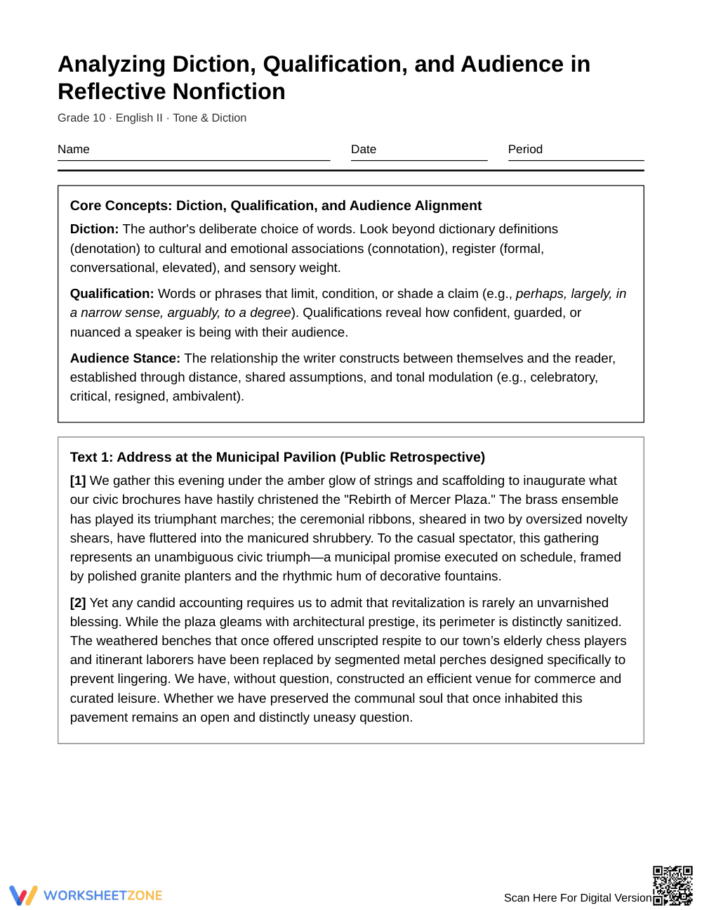 Complete Diction & Audience Worksheet | Grade 10 English II - Page 1