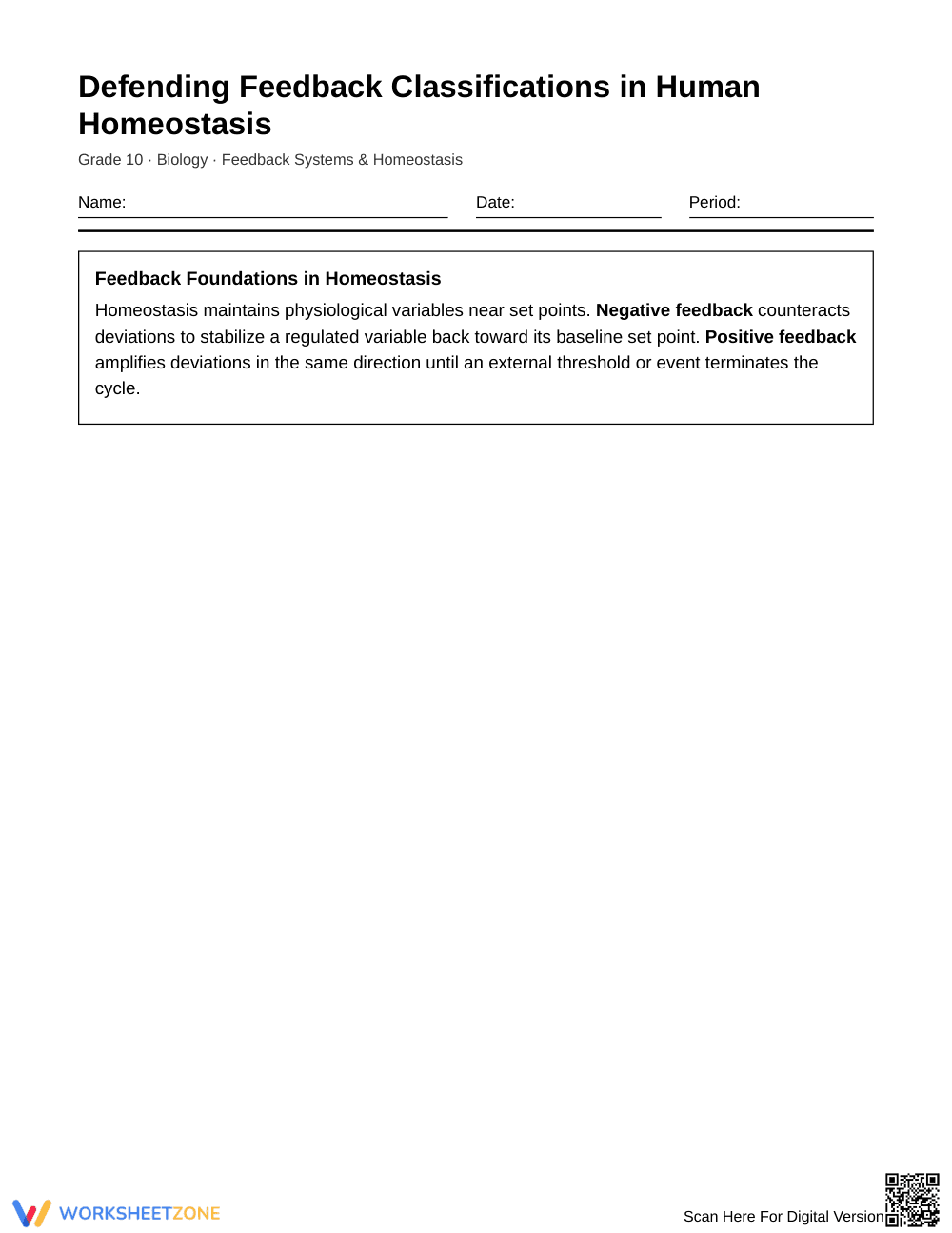 Complete Feedback Systems Worksheet | Grade 10 Biology - Page 1