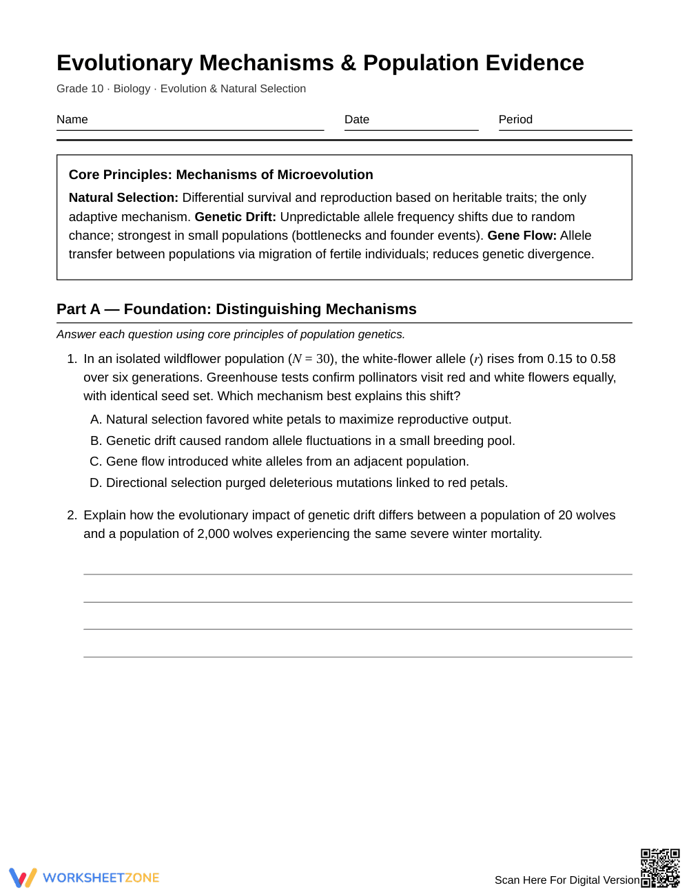 Complete Evolution Mechanisms Worksheet | Grade 10 Biology - Page 1
