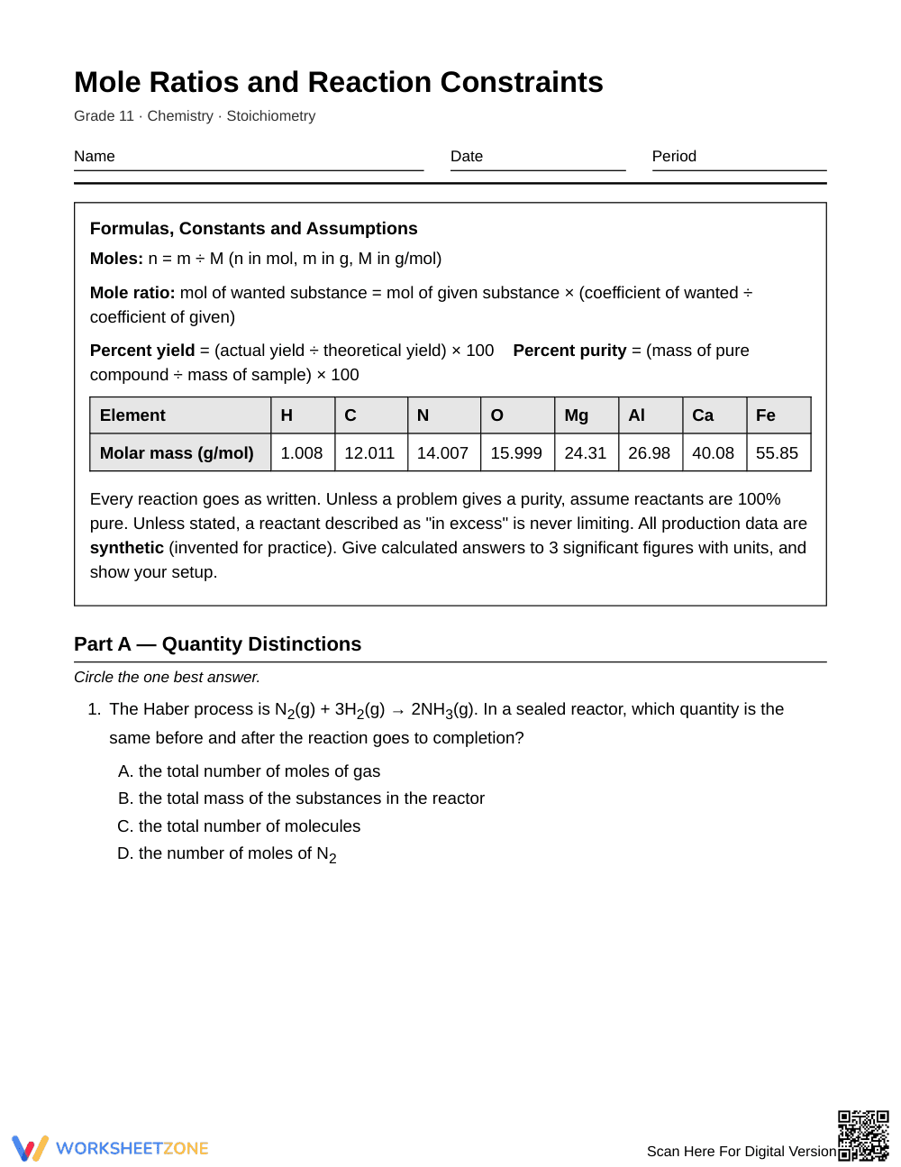 Printable Mole Ratio & Yield Worksheet | Grade 11 Chemistry - Page 1