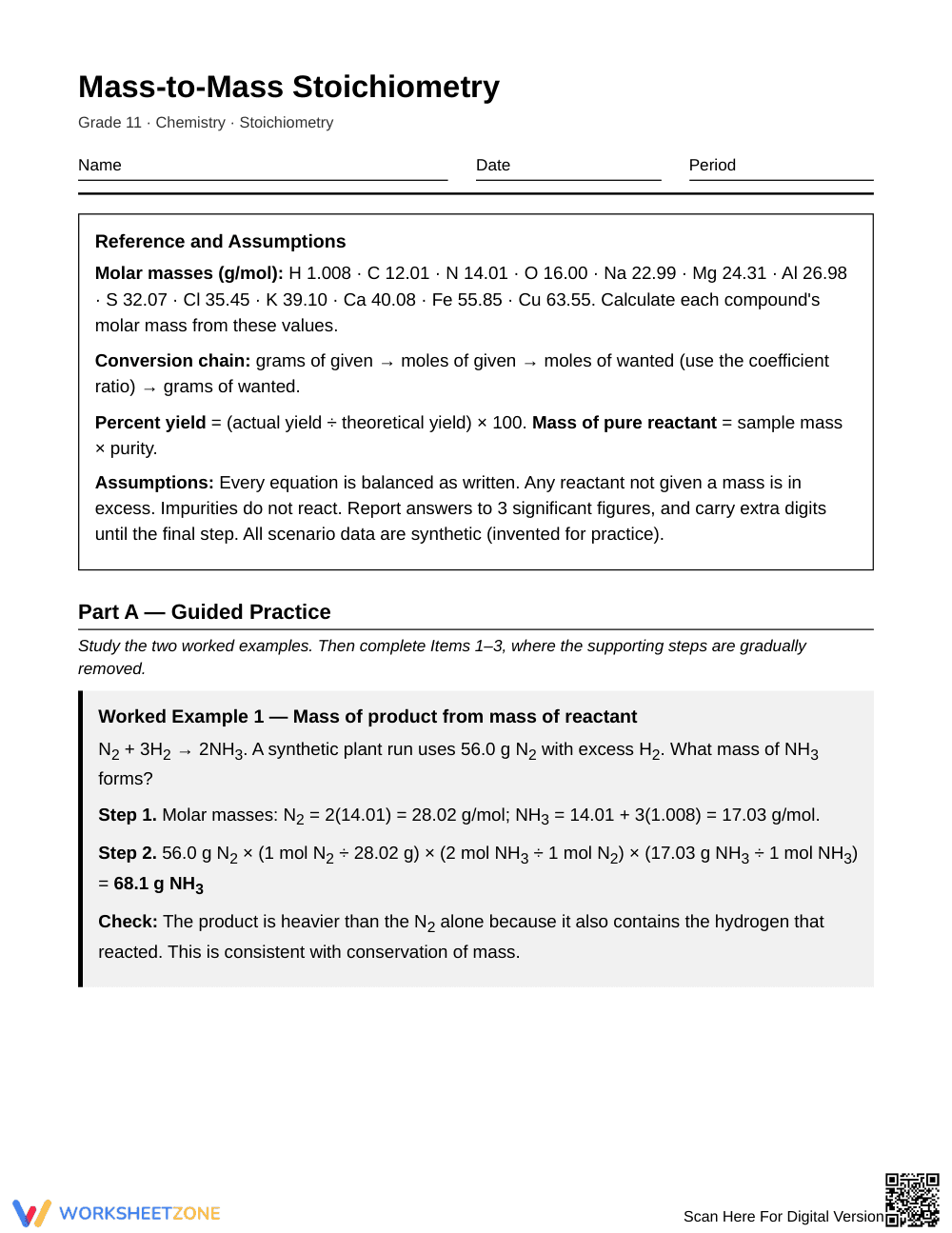 Printable Mass Stoichiometry Worksheet | Grade 11 Chemistry - Page 1