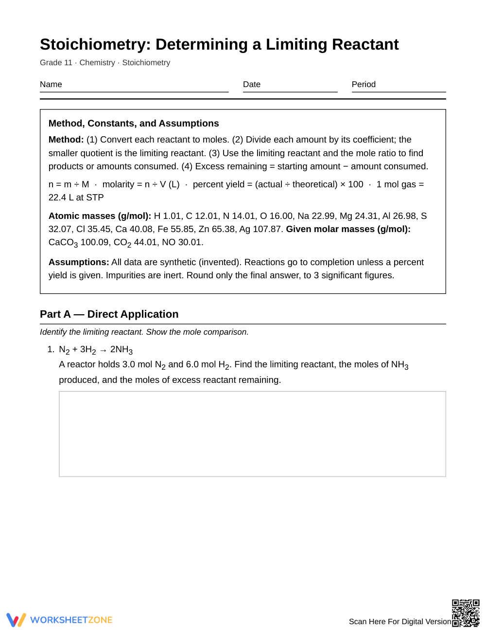 Printable Limiting Reactant Worksheet | Grade 11 Chemistry - Page 1