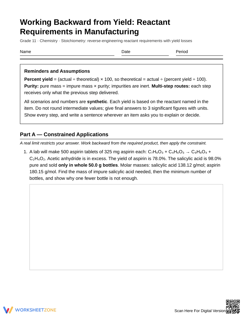 Printable Reactant Yield Worksheet | Grade 11 Chemistry - Page 1