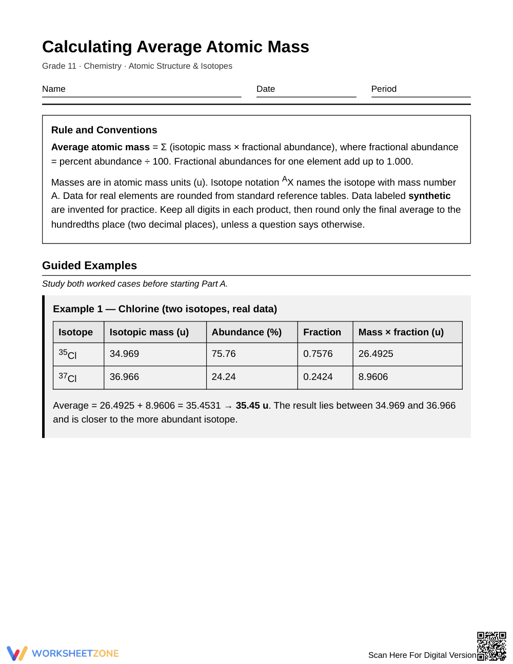 Complete Average Atomic Mass Worksheet | Grade 11 Chemistry - Page 1
