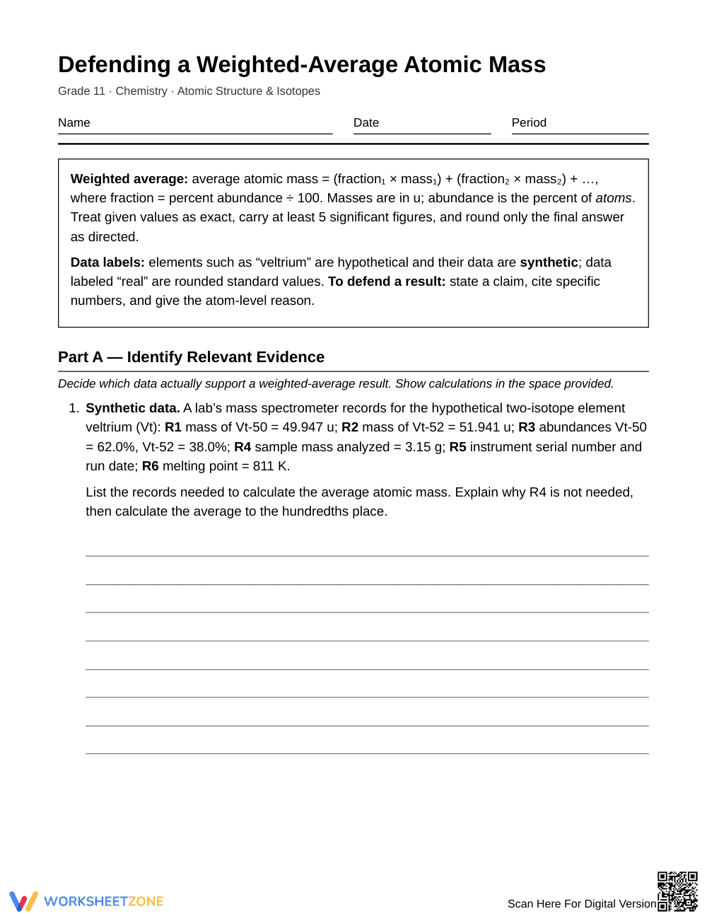 Printable Average Atomic Mass Worksheet | Grade 11 Chemistry - Page 1