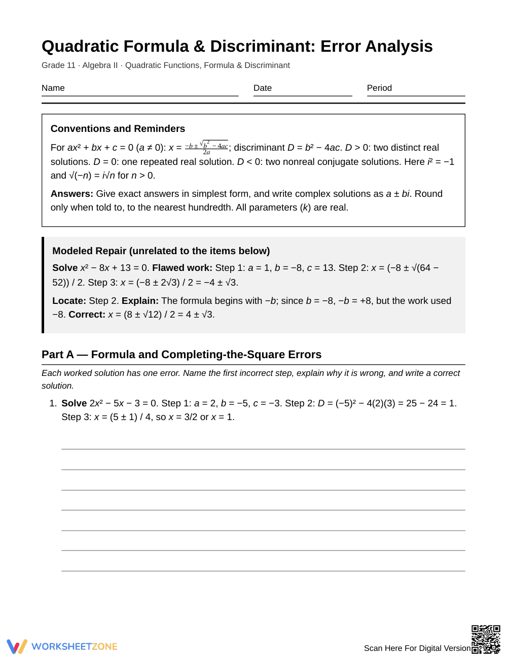 Printable Quadratic Errors Worksheet | Grade 11 Algebra II - Page 1